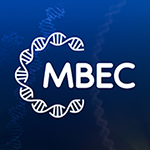 The letters 'MBEC' encircled in a horseshoe of DNA helix, on a blue background